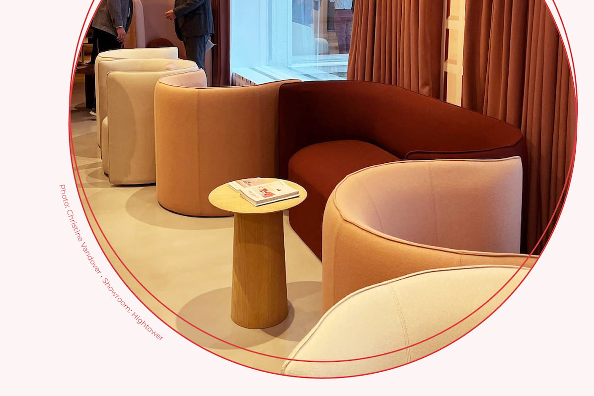 Photo of warm tone, comfortable seating from the Hightower showroom at NeoCon 2022 depicting the trend 'Gen Z Cozy" by ThinkLab Trendspotters