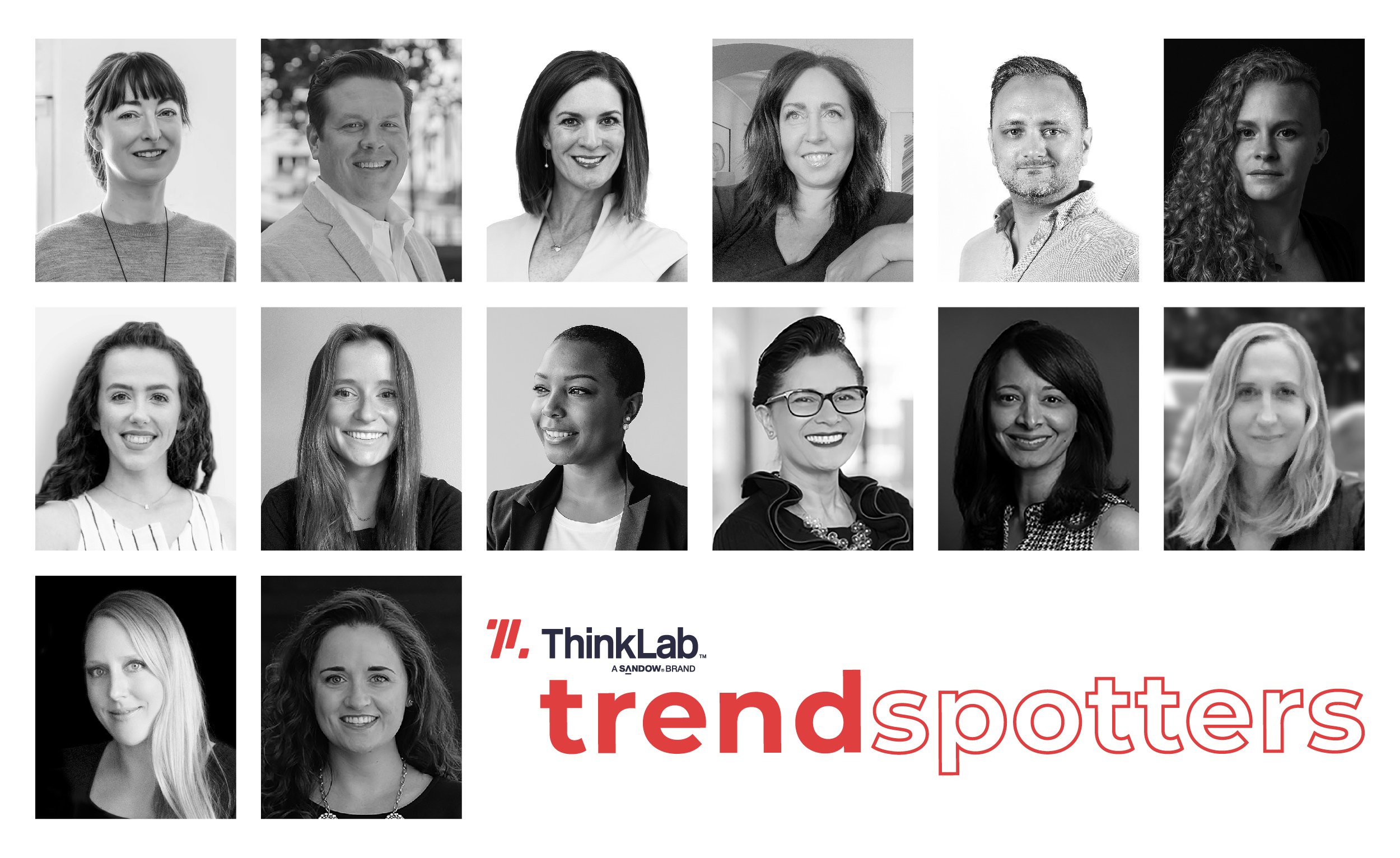Grid comprised of black and white headshots introducing the designers on the 2022 ThinkLab Trendspotters team at NeoCon