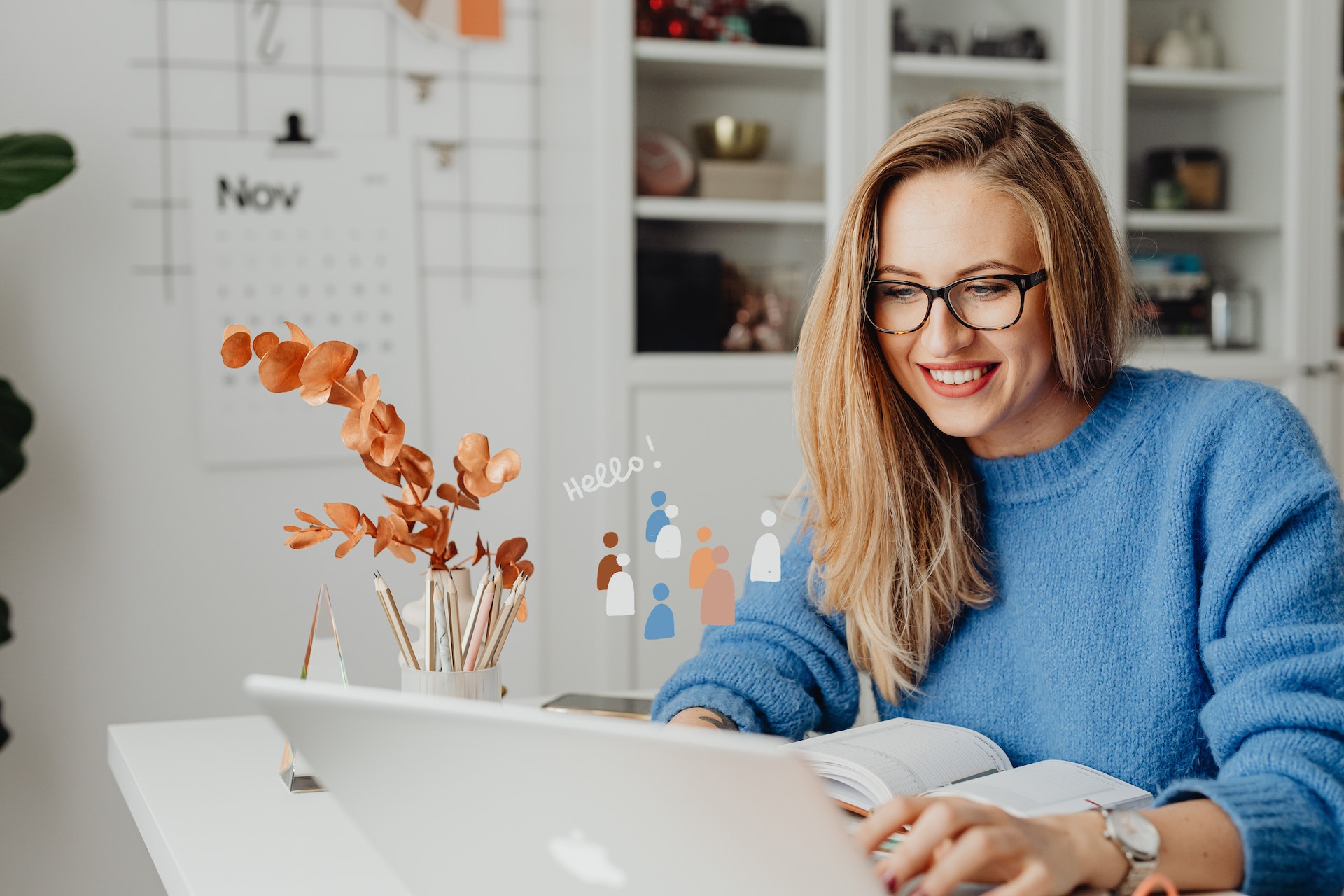 Woman in a home office talking digitally to coworkers for a remote work job 