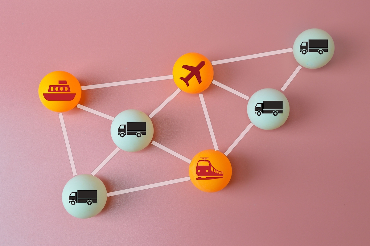 map of logistics and supply chain icons on a pink background