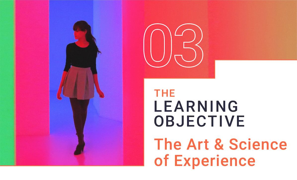 Woman walking through experiential space on title card for a podcast on the art and science of experience